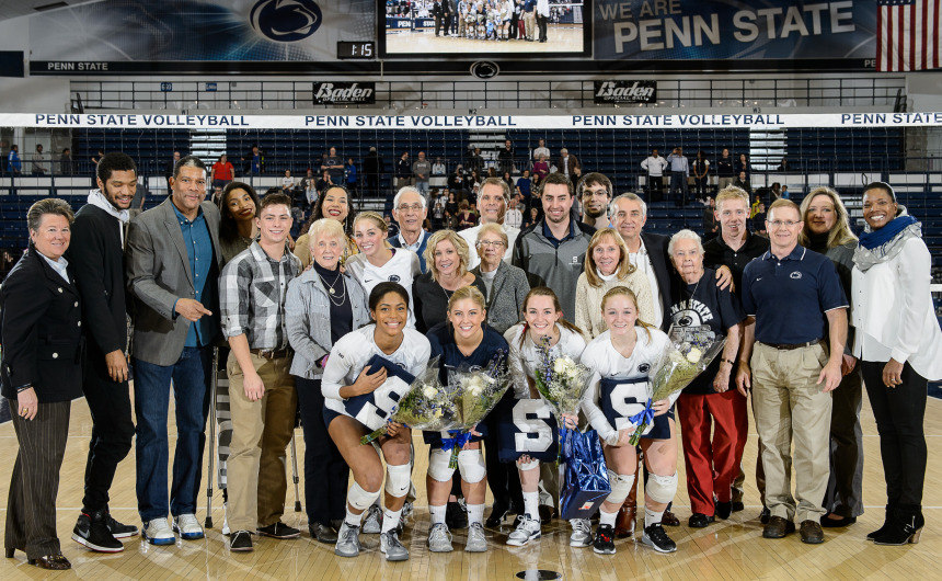 The Penn State women's volleyball seniors are recogized with their families during the senior day celebration prior the the Nittany Lions match with Northwestern on Nov. 25, 2015. (Photo by Mark Selders, courtesy of GoPSUsports.com