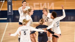 The Nittany Lions celebrate a point during the game with West Virginia. No. 9 Penn State women's volleyball opened the 2016 season with a sweeping 3-0 (25-13, 25-13, 25-17) win against West Virginia Friday evening at Rec Hall. Photo by Mark Selders